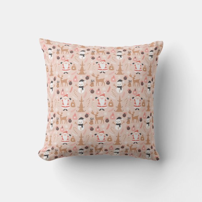 Cute Pink Christmas Pattern with Santa Throw Pillow (Front)