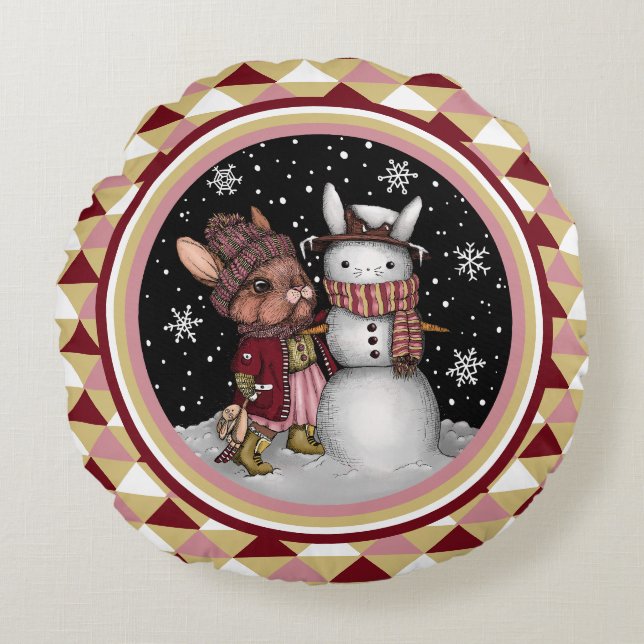 Cute Pink Christmas Snow Bunny Rabbit Illustration Round Pillow (Front)