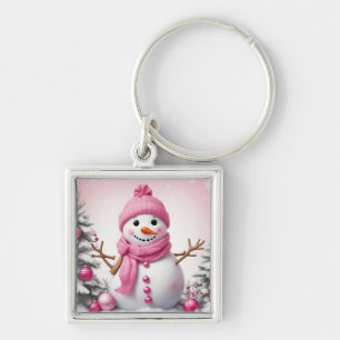 Cute Pink Christmas Snowman Keychain