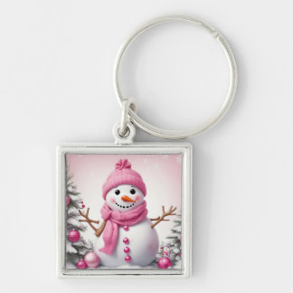 Cute Pink Christmas Snowman Keychain