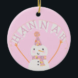 Cute Pink Christmas Snowman Kids Custom Ceramic Ornament<br><div class="desc">This ornament includes an adorable pink and orange snowman. Perfect for kids for the holidays. A name can be added to the banner and custom text to the back.</div>