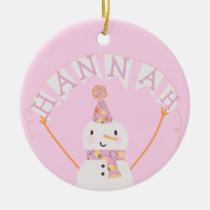 Cute Pink Christmas Snowman Kids Custom Ceramic Ornament