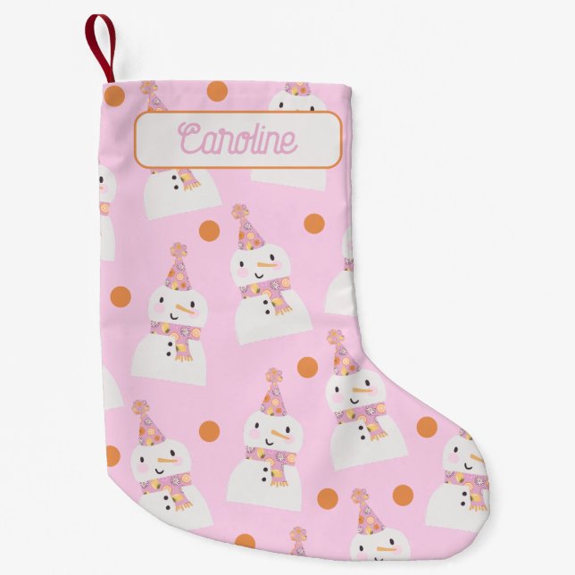 Cute Pink Christmas Snowman Kids Custom Small Christmas Stocking (Front)