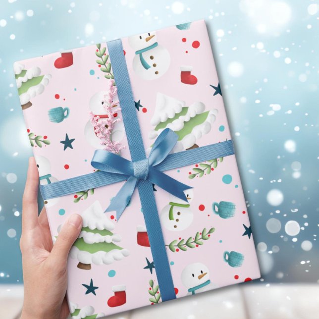 Cute Pink Christmas Snowman Pattern  Wrapping Paper (Creator Uploaded)