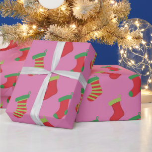 Cute Pink Christmas Stockings Pattern Girls Xmas Wrapping Paper