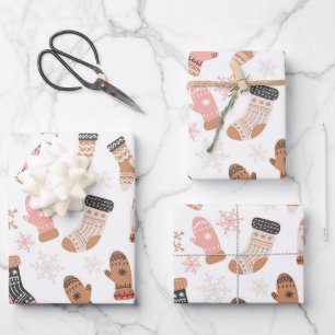 Cute Pink Christmas Stockings Socks Snowflakes Wrapping Paper Sheet