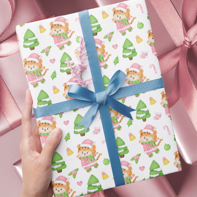 Cute Pink Christmas Tigers Kids Wrapping Paper (Creator Uploaded)