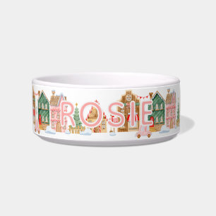 Cute Pink Christmas Town Dog Bowl