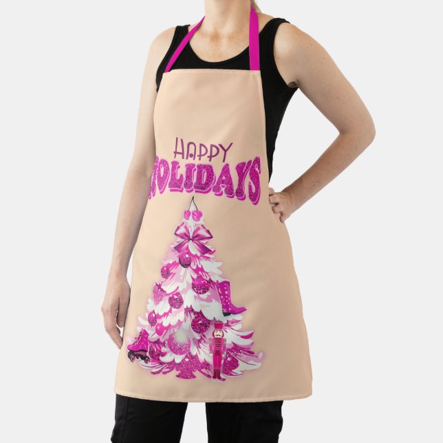 Cute Pink Christmas Tree Happy Holidays Apron (Insitu)