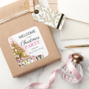 Cute Pink Christmas Tree Holiday Party Welcome Square Sticker