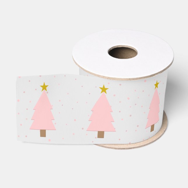 Cute Pink Christmas Tree Line, Golden Stars Grey Grosgrain Ribbon (Spool)