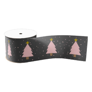 Cute Pink Christmas Tree Line, Golden Stars Grey Grosgrain Ribbon