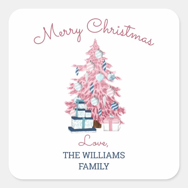 Cute Pink Christmas Tree Retro Holiday  Square Sticker (Front)