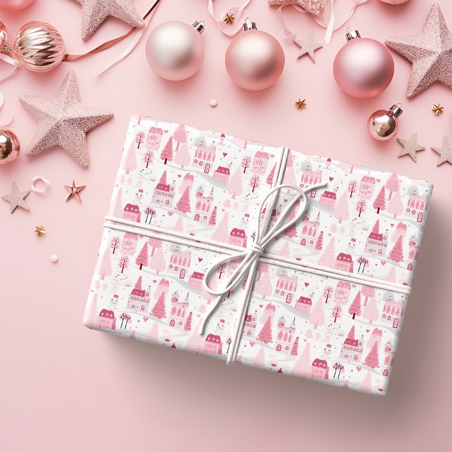 Cute Pink Christmas Village Snowy Day  Wrapping Paper (Creator Uploaded)