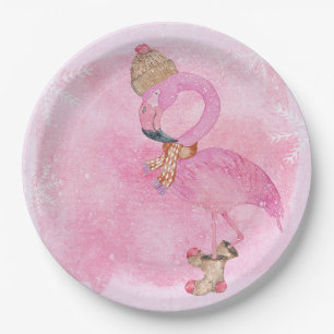 Cute Pink Christmas Winter Flamingo Bird Paper Plate