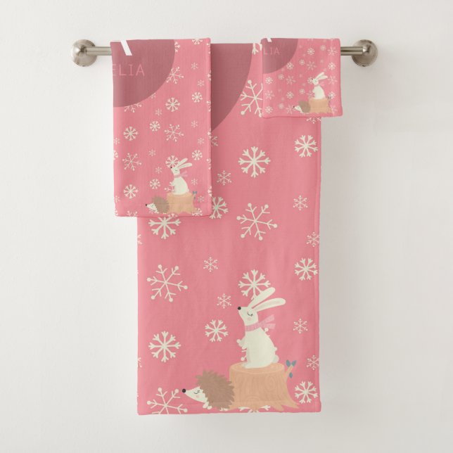 Cute Pink Christmas Woodland Animals Bath Towel Set (Insitu)