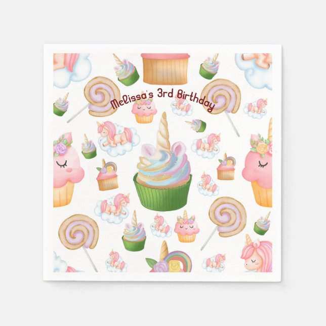 Cute Pink Colourful Girl Cupcake Unicorn Birthday Napkin (Front)