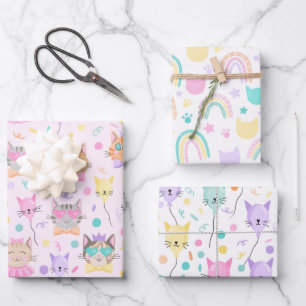Cute Pink Colourful Kitten Kitty Cat Lover Pattern Wrapping Paper Sheet