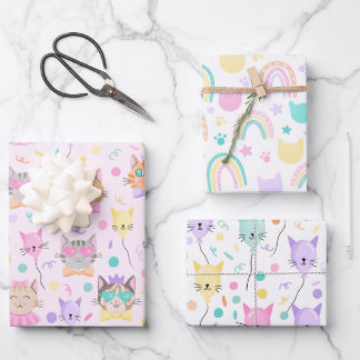 Cute Pink Colourful Kitten Kitty Cat Lover Pattern Wrapping Paper Sheet