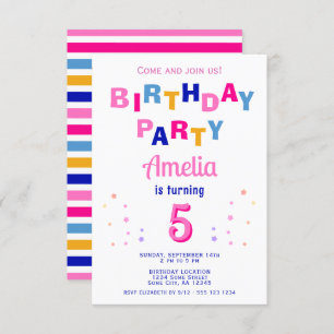 Cute Pink Colourful Star Typography Girl Birthday  Invitation