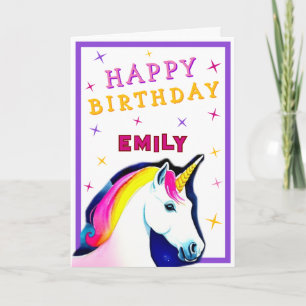 Cute Pink Colourful Unicorn Girl Happy Birthday   Card