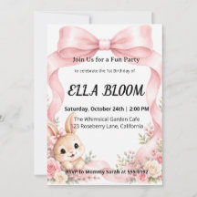 Cute Pink Coquette Bow Bunny 1st Birthday