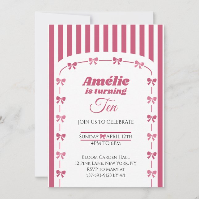 Cute Pink Coquette Bow Girl Tenth Birthday  Invitation (Front)