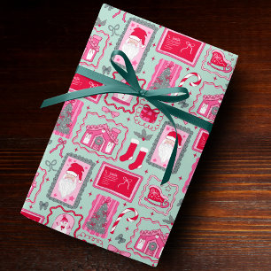 Cute Pink Coquette Frames Pattern Christmas mint Wrapping Paper