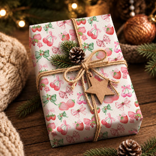 Cute Pink Coquette Strawberry Pattern Wrapping Paper