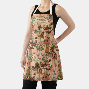 Cute Pink Cottagecore Floral Mushroom House Print Apron