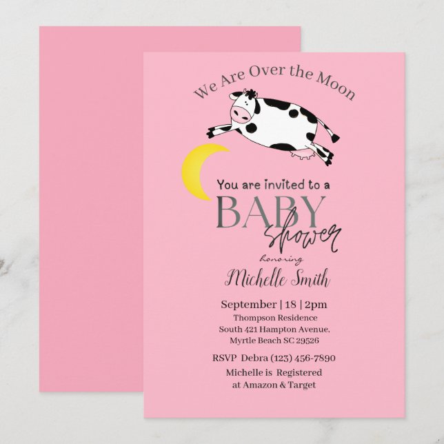 Cute Pink Cow Jumped Over The Moon  Baby Shower Invitation (Front/Back)
