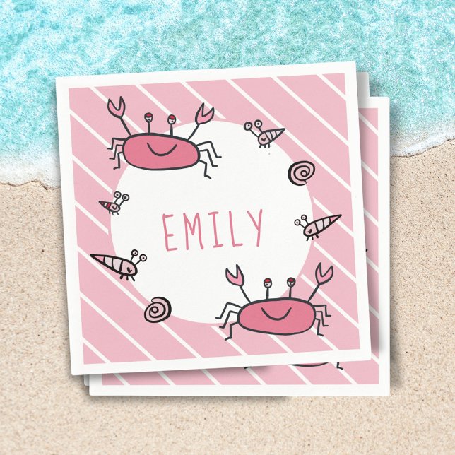 Cute Pink Crab Sea Animal Girl Name Birthday Napkin (Creator Uploaded)