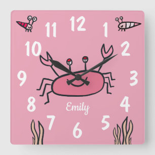 Cute Pink Crab Sea Animal Girl Name Square Wall Clock