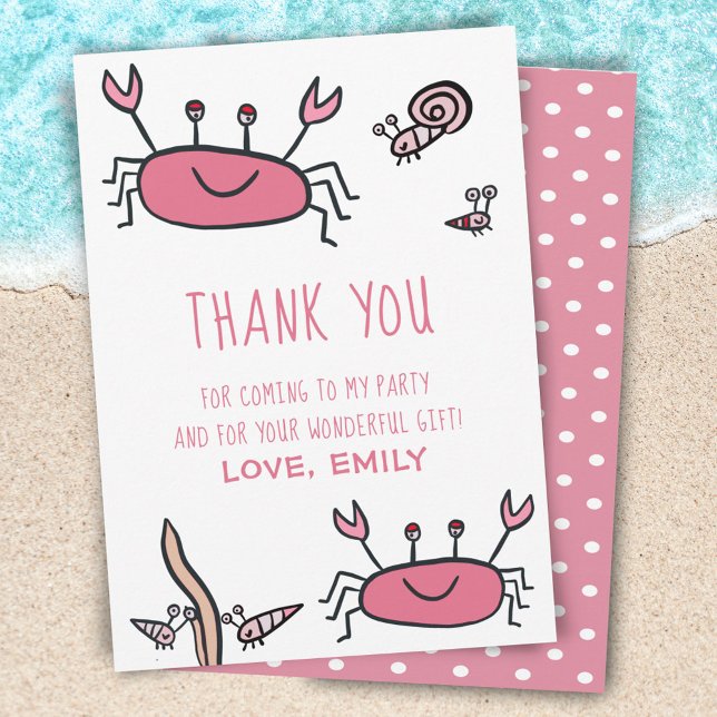Cute Pink Crab Sea Animals Girl Birthday  Thank You Card (Creator Uploaded)