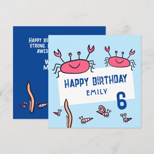 Cute Pink Crab Sea Animals Girl Happy Birthday Card (Front/Back)