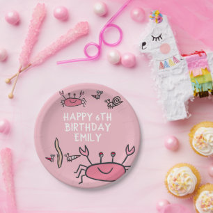Cute Pink Crab Sea Animals Girl Happy Birthday  Paper Plate