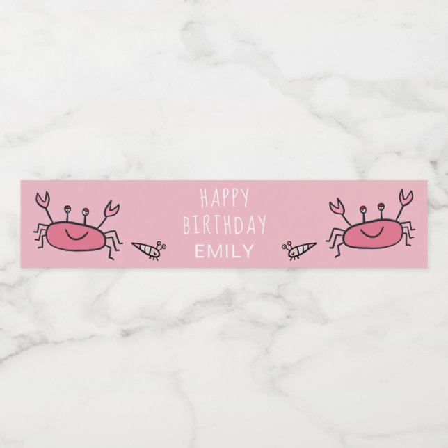 Cute Pink Crab Sea Animals Girl Happy Birthday Water Bottle Label (Single Label)