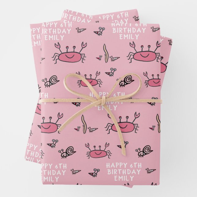 Cute Pink Crab Sea Animals Girl Happy Birthday  Wrapping Paper Sheet (In situ)