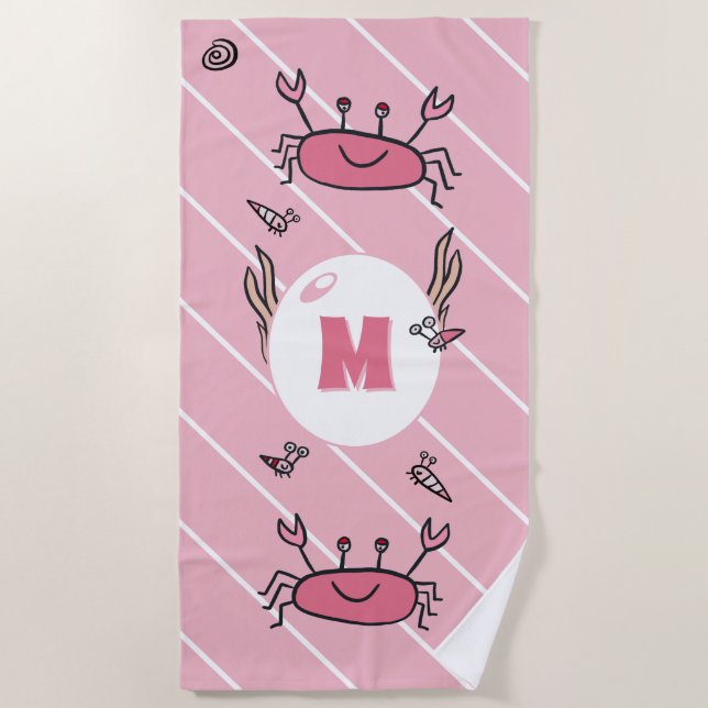 Cute Pink Crab Sea Animals Girl Monogram Beach Towel (Front)