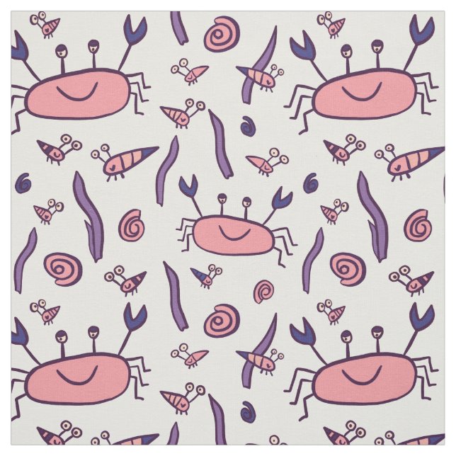 Cute Pink Crab Sea Animals Pattern Kids Girl Fabric (Swatch)