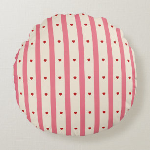 Cute Pink & Cream Stripes Red Hearts Round Pillow