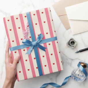 Cute Pink & Cream Stripes Red Hearts Wrapping Paper