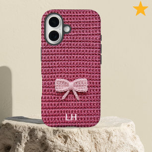Cute Pink Crochet Bow Yarn Custom Name iPhone 16 Case