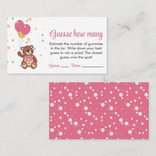 Cute Pink Cub Balloons Guess How Many Gummies Game Enclosure Card (Front/Back)