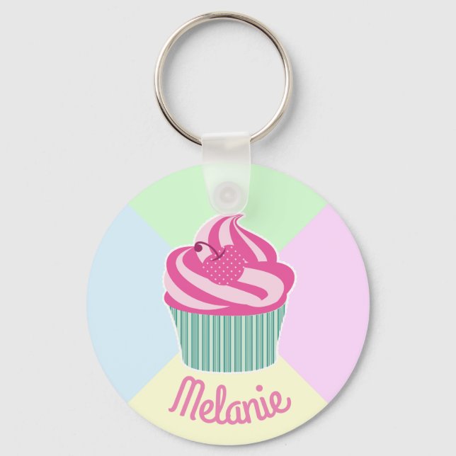 Cute Pink Cupcake and Pastel Colours Personalised Keychain (Front)