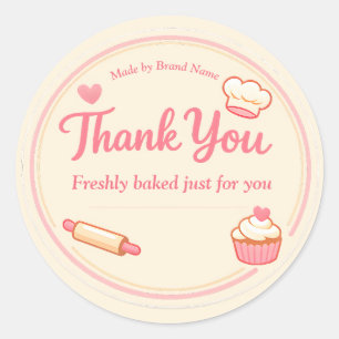 Cute Pink Cupcake and Rolling Pin Bakery Thank You Classic Round Sticker