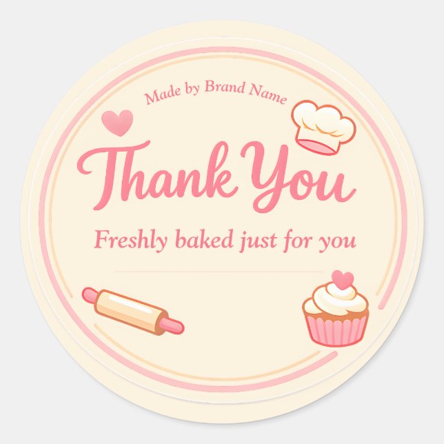 Cute Pink Cupcake and Rolling Pin Bakery Thank You Classic Round Sticker (Front)