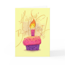 Cute Pink Cupcake & Candle Cartoon Birthday Card