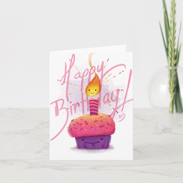 Cute Pink Cupcake & Cartoon Candle Birthday Card (Front)