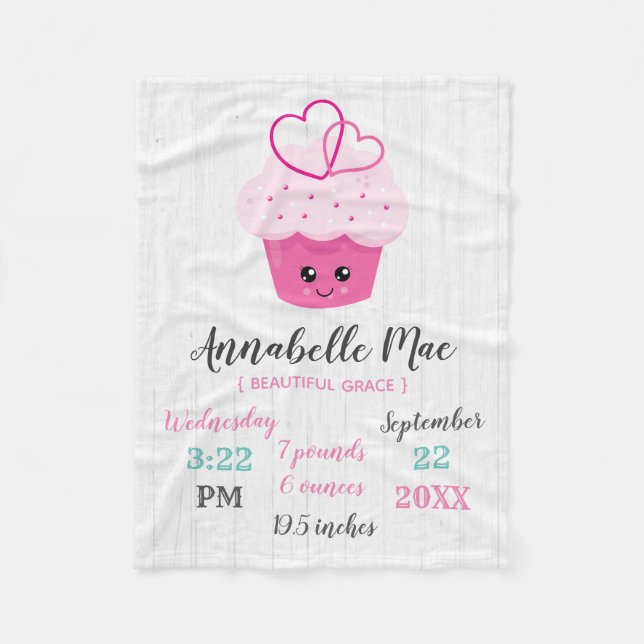 Cute Pink Cupcake Kawaii Baby Birth Stats Fleece Blanket (Front)